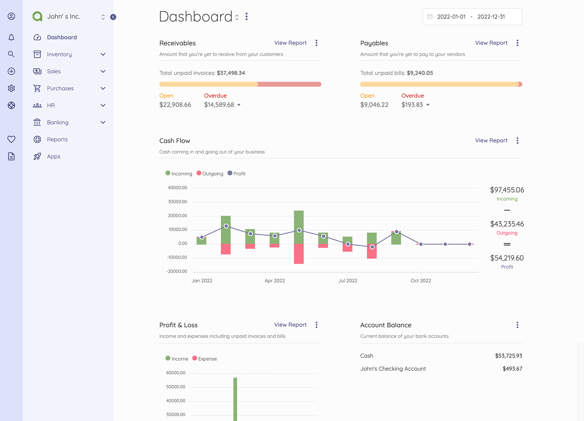 Akaunting-Dashboard mit offenen Rechnungen, Geldfluss und Kontoständen
